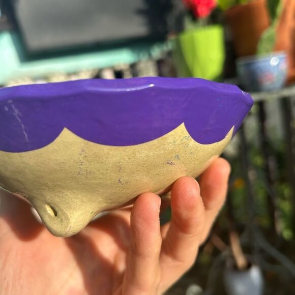 Talavera Mexican Pottery Salsa Bowl Footed Hand Painted Trinket Red Purple Birds - Picture 3 of 16